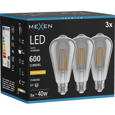 Mexen Vintis 3x LED Filament Bulb E27, ST64, 8W, Warm - 2200K, 600 lm, Smoke - L152-E27-0822-70x03