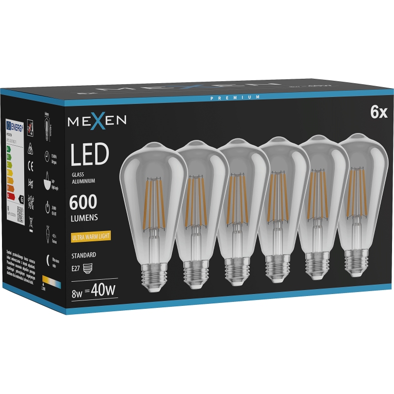 Mexen Vintis 6x LED Filament Bulb E27, ST64, 8W, Warm - 2200K, 600 lm, smoke - L152-E27-0822-70x06