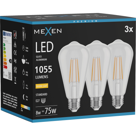Mexen Vintis 3x LED Filament Bulb E27, ST64, 8W, Warm - 2700K, 1055 lm, clear - L152-E27-0827-00x03