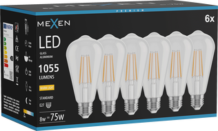 Mexen Vintis 6x LED Filament Bulb E27, ST64, 8W, Warm - 2700K, 1055 lm, clear - L152-E27-0827-00x06