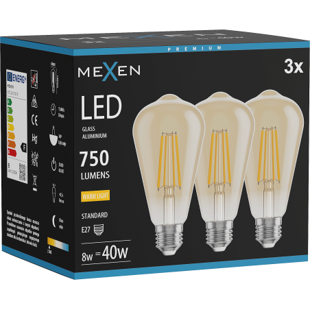 Mexen Vintis 3x LED Filament Bulb E27, ST64, 8W, Warm - 2700K, 750 lm, amber - L152-E27-0827-50x03