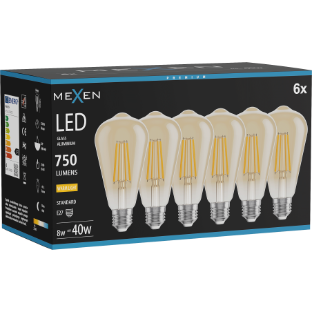 Mexen Vintis 6x LED Filament Bulb E27, ST64, 8W, Warm - 2700K, 750 lm, amber - L152-E27-0827-50x06