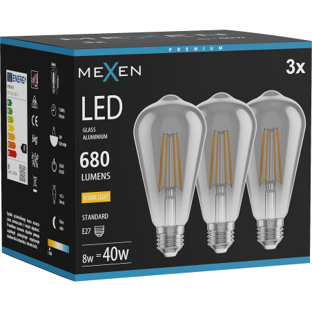 Mexen Vintis 3x LED Filament Bulb E27, ST64, 8W, Warm - 2700K, 680 lm, Smoke - L152-E27-0827-70x03