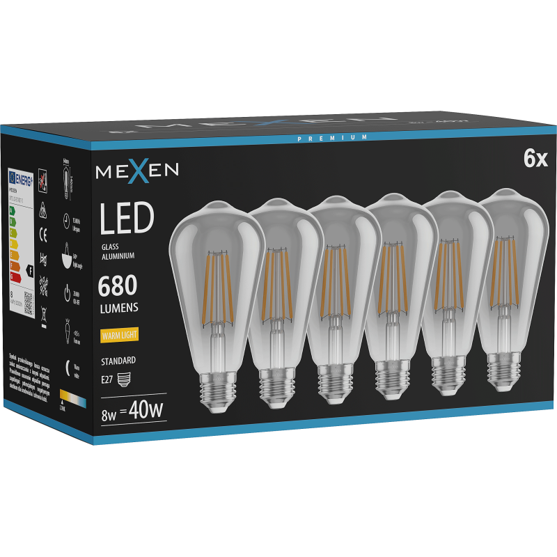 Mexen Vintis 6x LED Filament Bulb E27, ST64, 8W, Warm - 2700K, 680 lm, smoke - L152-E27-0827-70x06