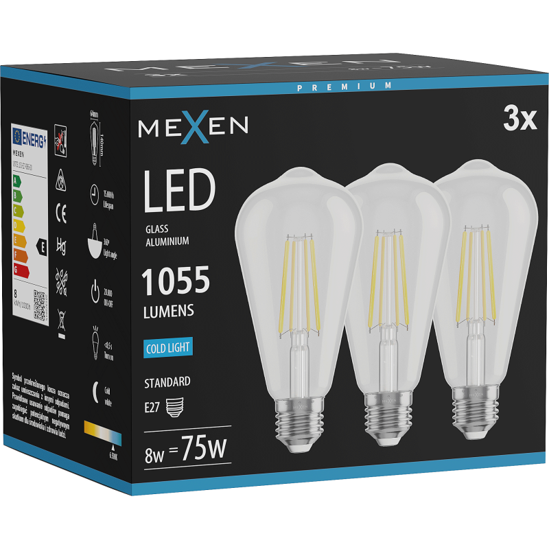 Mexen Vintis 3x LED Filament Bulb E27, ST64, 8W, Cool - 6500K, 1055 lm, clear - L152-E27-0865-00x03