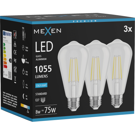 Mexen Vintis 3x LED Filament Bulb E27, ST64, 8W, Cool - 6500K, 1055 lm, clear - L152-E27-0865-00x03
