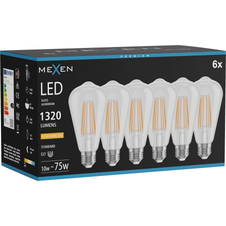 Mexen Vintis 6x LED Filament Bulb E27, ST64, 10W, Warm - 2200K, 1320 lm, clear - L152-E27-1022-00x06