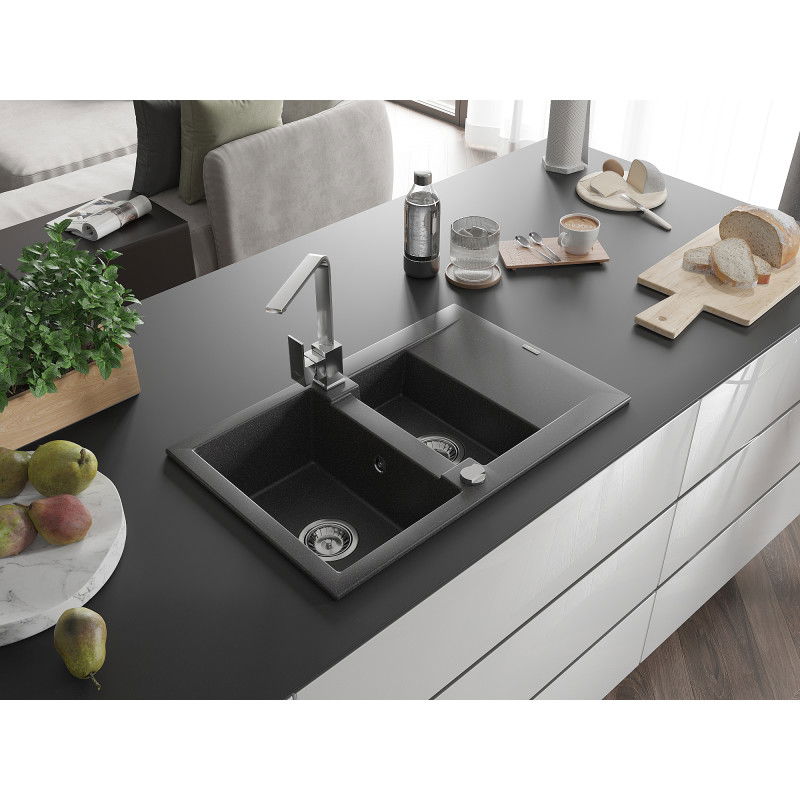 Mexen Gaspar granite sink 1.5-bowl with drainer and Rita kitchen tap, black speckled - 6507-76-670300-00