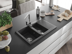Mexen Gaspar granite sink 1.5-bowl with drainer and kitchen faucet Rita, black speckled - 6507-76-670300-00