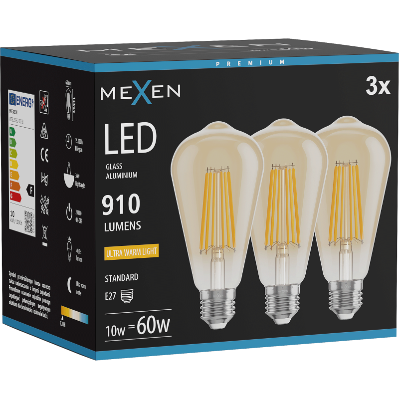 Mexen Vintis 3x LED Filament Bulb E27, ST64, 10W, Warm - 2200K, 910 lm, amber - L152-E27-1022-50x03