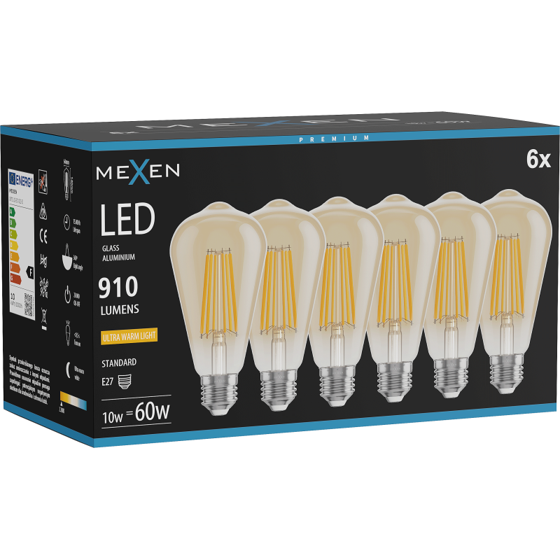 Mexen Vintis 6x LED Filament Bulb E27, ST64, 10W, Warm - 2200K, 910 lm, amber - L152-E27-1022-50x06