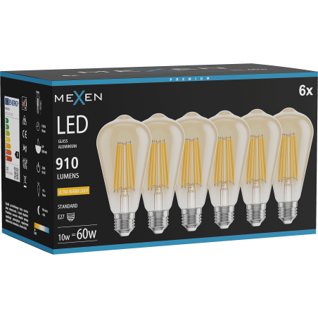 Mexen Vintis 6x LED Filament Bulb E27, ST64, 10W, Warm - 2200K, 910 lm, amber - L152-E27-1022-50x06