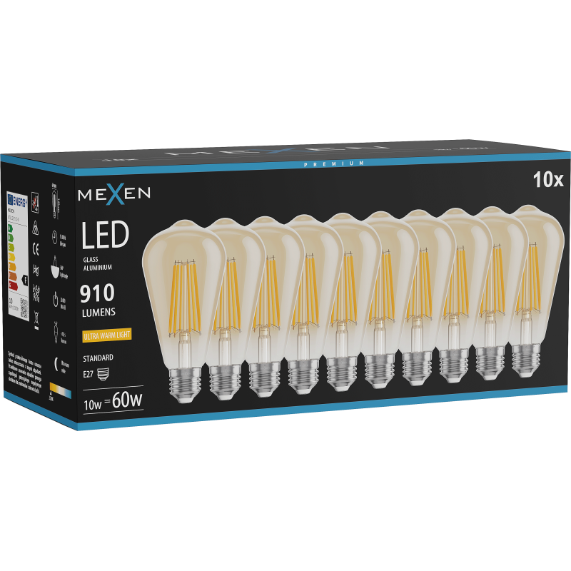 Mexen Vintis 10x LED Filament Bulb E27, ST64, 10W, Warm - 2200K, 910 lm, amber - L152-E27-1022-50x10