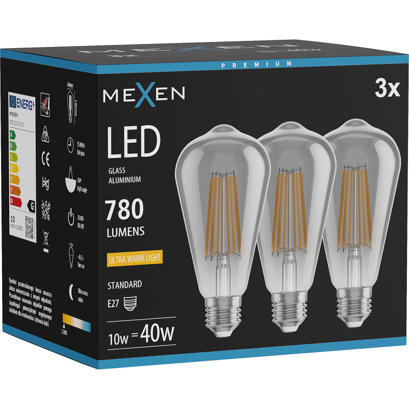 Mexen Vintis 3x LED Filament Bulb E27, ST64, 10W, Warm - 2200K, 780 lm, smoke - L152-E27-1022-70x03
