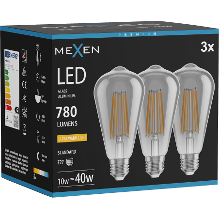 Mexen Vintis 3x LED Filament Bulb E27, ST64, 10W, Warm - 2200K, 780 lm, smoke - L152-E27-1022-70x03