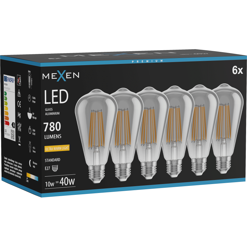 Mexen Vintis 6x LED Filament Bulb E27, ST64, 10W, Warm - 2200K, 780 lm, smoke - L152-E27-1022-70x06