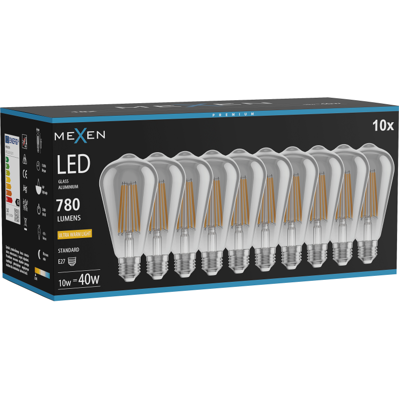 Mexen Vintis 10x LED Filament Bulb E27, ST64, 10W, Warm - 2200K, 780 lm, smoke - L152-E27-1022-70x10