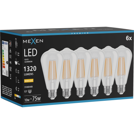 Mexen Vintis 6x LED Filament Bulb E27, ST64, 10W, Warm - 2700K, 1320 lm, clear - L152-E27-1027-00x06