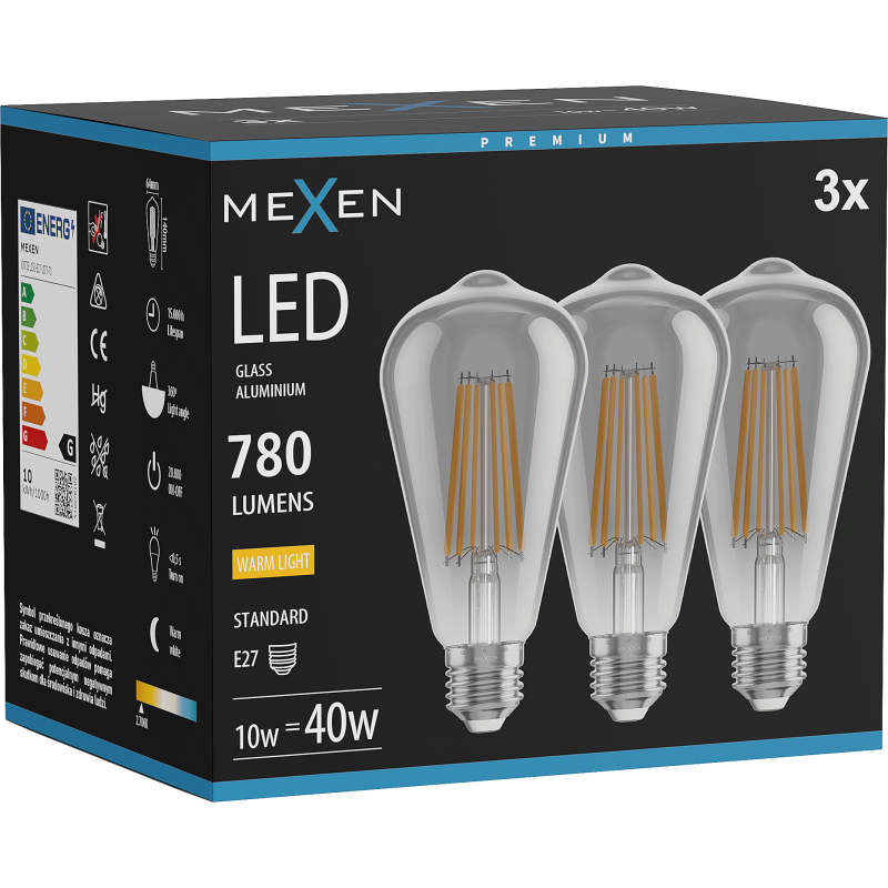 Mexen Vintis 3x LED Filament Bulb E27, ST64, 10W, Warm - 2700K, 780 lm, smoke - L152-E27-1027-70x03