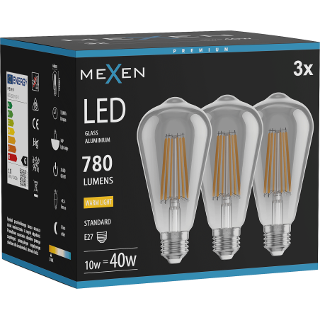 Mexen Vintis 3x LED Filament Bulb E27, ST64, 10W, Warm - 2700K, 780 lm, smoke - L152-E27-1027-70x03