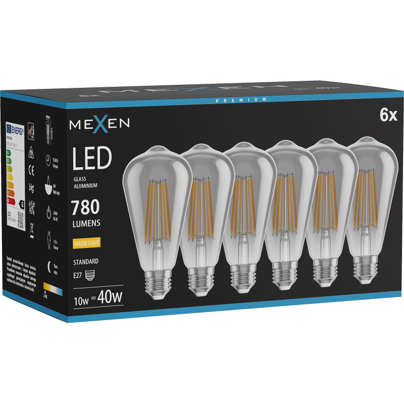 Mexen Vintis 6x LED Filament Bulb E27, ST64, 10W, Warm - 2700K, 780 lm, smoke - L152-E27-1027-70x06
