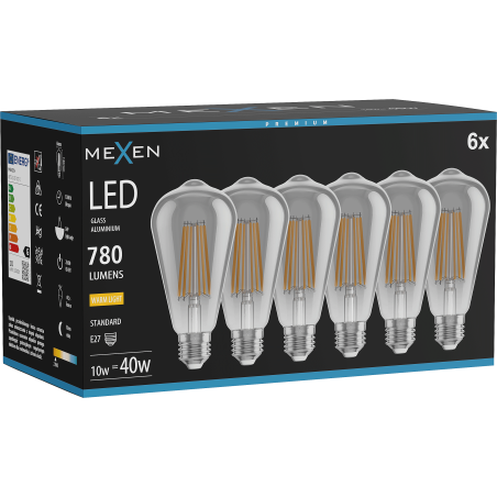 Mexen Vintis 6x LED Filament Bulb E27, ST64, 10W, Warm - 2700K, 780 lm, smoke - L152-E27-1027-70x06