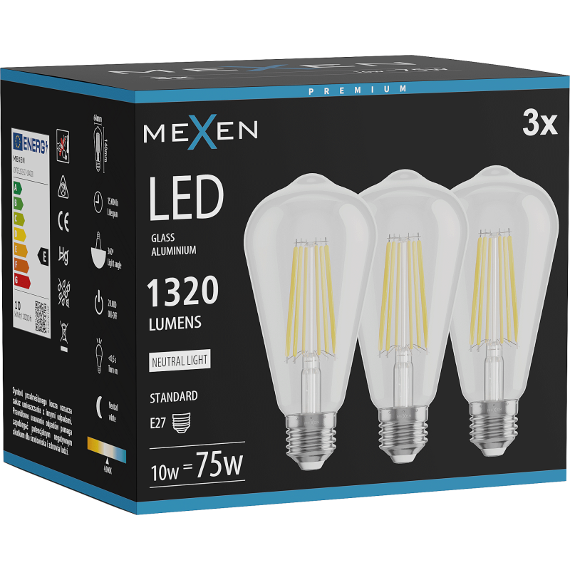 Mexen Vintis 3x LED Filament Bulb E27, ST64, 10W, Neutral - 4000K, 1320 lm, clear - L152-E27-1040-00x03
