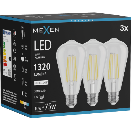 Mexen Vintis 3x LED Filament Bulb E27, ST64, 10W, Neutral - 4000K, 1320 lm, clear - L152-E27-1040-00x03