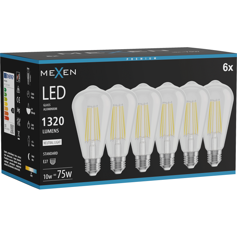 Mexen Vintis 6x Filament LED Bulb E27, ST64, 10W, Neutral - 4000K, 1320 lm, clear - L152-E27-1040-00x06