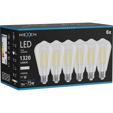 Mexen Vintis 6x Filament LED Bulb E27, ST64, 10W, Neutral - 4000K, 1320 lm, clear - L152-E27-1040-00x06