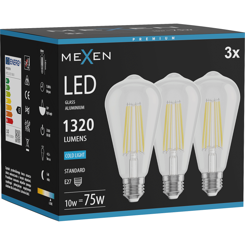 Mexen Vintis 3x LED Filament Bulb E27, ST64, 10W, Cold - 6500K, 1320 lm, clear - L152-E27-1040-00x03 - L152-E27-1065-00x03