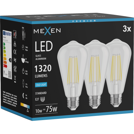 Mexen Vintis 3x LED Filament Bulb E27, ST64, 10W, Cold - 6500K, 1320 lm, clear - L152-E27-1040-00x03 - L152-E27-1065-00x03
