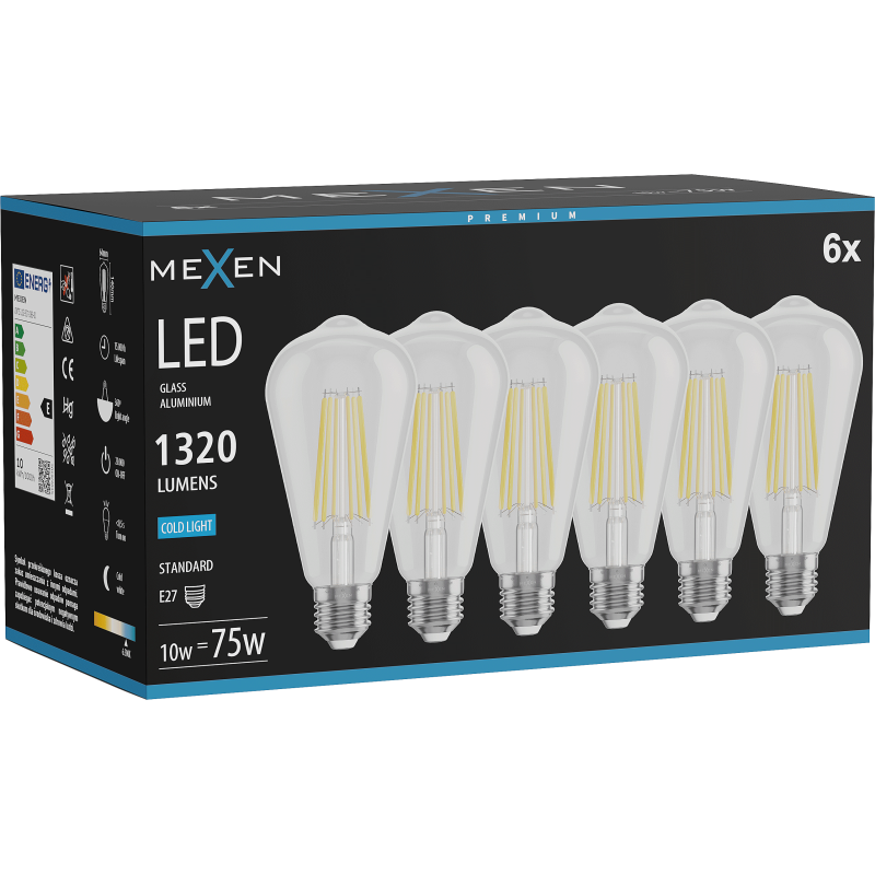 Mexen Vintis 6x LED Filament Bulb E27, ST64, 10W, Cold - 6500K, 1320 lm, clear - L152-E27-1040-00x06 - L152-E27-1065-00x06