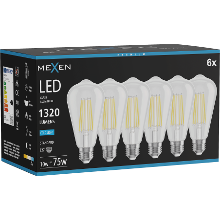 Mexen Vintis 6x LED Filament Bulb E27, ST64, 10W, Cold - 6500K, 1320 lm, clear - L152-E27-1040-00x06 - L152-E27-1065-00x06