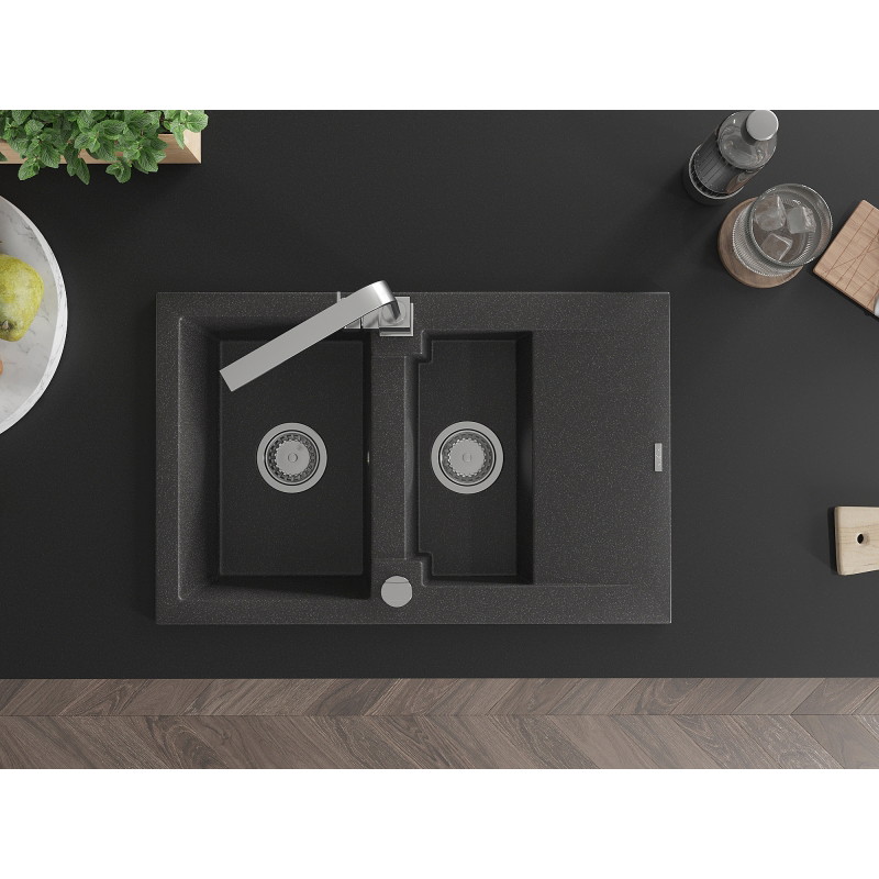 Mexen Gaspar granite sink 1.5-bowl with drainer and kitchen faucet Rita, black speckled - 6507-76-670300-00