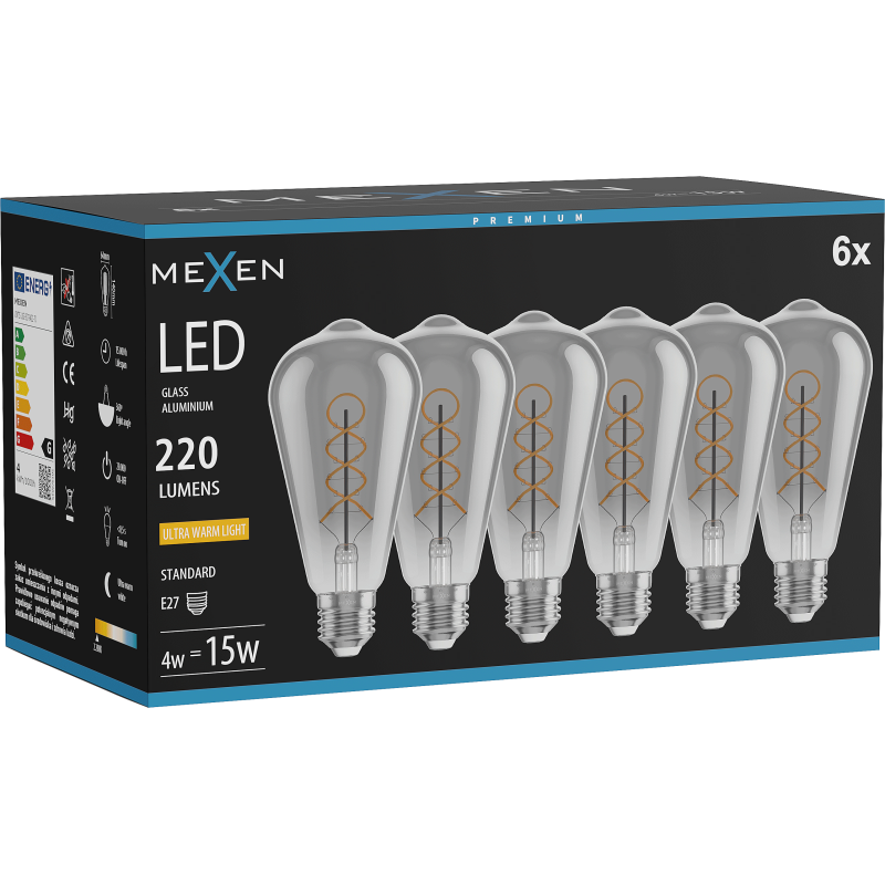 Mexen Vintis 6x LED Filament Spiral Bulb E27, ST64, 4W, Warm - 2200K, 220 lm, Smoke - L162-E27-0422-70x06