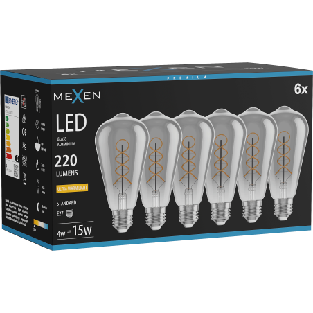 Mexen Vintis 6x LED Filament Spiral Bulb E27, ST64, 4W, Warm - 2200K, 220 lm, Smoke - L162-E27-0422-70x06