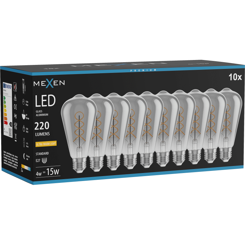 Mexen Vintis 10x Filament Spiral LED Bulb E27, ST64, 4W, Warm - 2200K, 220 lm, smoke - L162-E27-0422-70x10