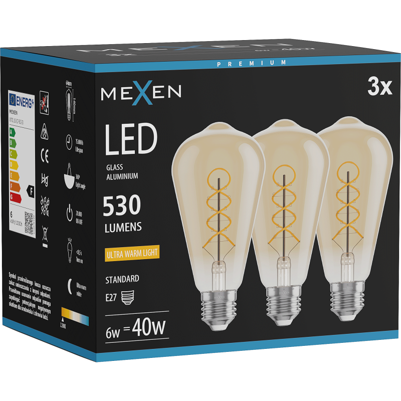 Mexen Vintis 3x Filament Spiral LED Bulb E27, ST64, 6W, Warm - 2200K, 530 lm, amber - L162-E27-0622-50x03