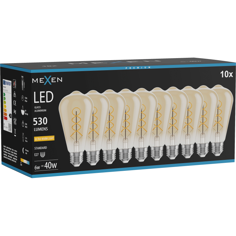 Mexen Vintis 10x LED Filament Spiral Bulb E27, ST64, 6W, Warm - 2200K, 530 lm, amber - L162-E27-0622-50x10