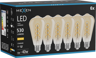 Mexen Vintis 6x Filament Spiral LED Bulb E27, ST64, 6W, Warm - 2700K, 530 lm, Amber - L162-E27-0627-50x06