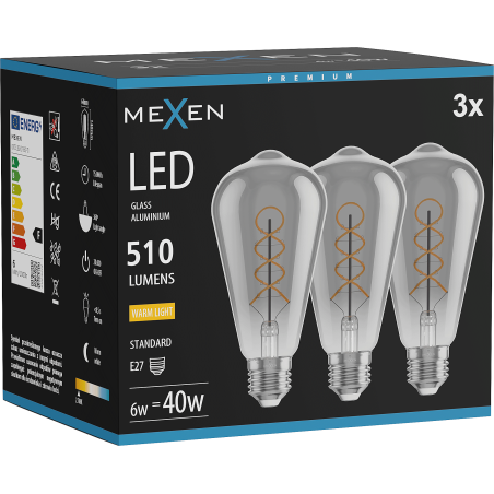 Mexen Vintis 3x Filament Spiral LED Bulb E27, ST64, 6W, Warm - 2700K, 510 lm, Smoke - L162-E27-0627-70x03