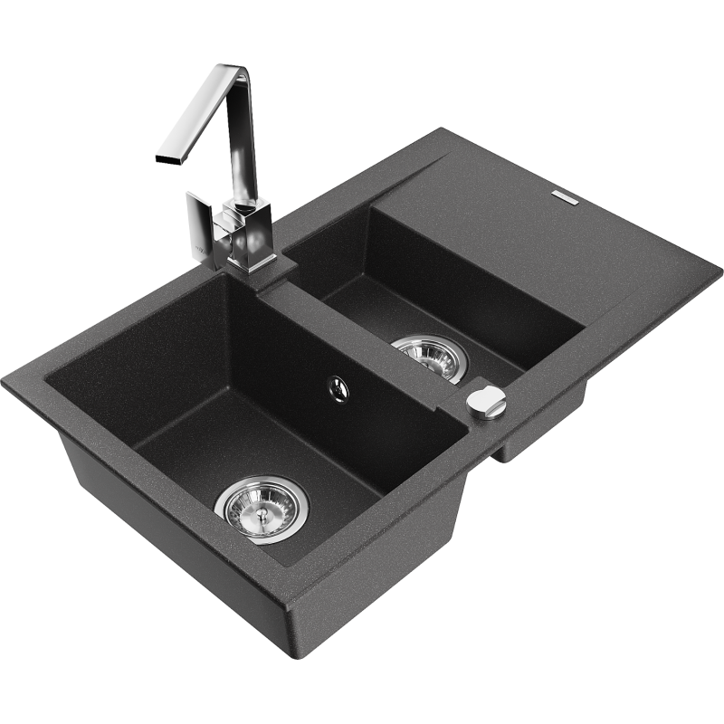 Mexen Gaspar 1.5-compartment granite sink with a drip tray and kitchen mixer tap Rita, spotted black - 6507-76-670300-00