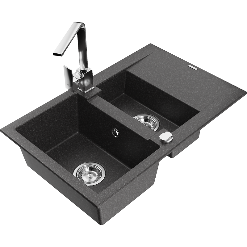 Mexen Gaspar granite sink 1.5-bowl with drainer and Rita kitchen tap, black speckled - 6507-76-670300-00