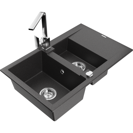 Mexen Gaspar granite sink 1.5-bowl with drainer and kitchen faucet Rita, black speckled - 6507-76-670300-00