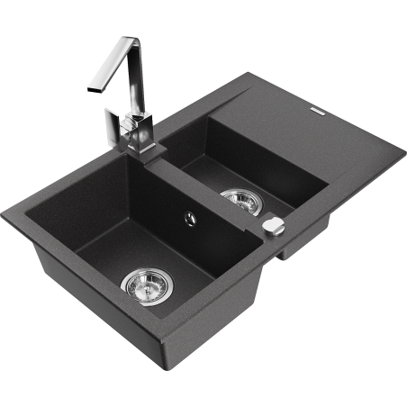 Mexen Gaspar granite sink 1.5-bowl with drainer and Rita kitchen tap, black speckled - 6507-76-670300-00