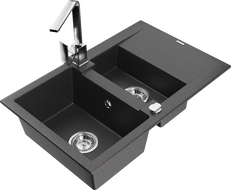 Mexen Gaspar granite sink 1.5-bowl with drainer and Rita kitchen tap, black speckled - 6507-76-670300-00