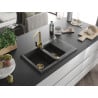 Mexen Gaspar granite sink 1.5-bowl with drainer and kitchen faucet Rita, black speckled - 6507-76-670300-50