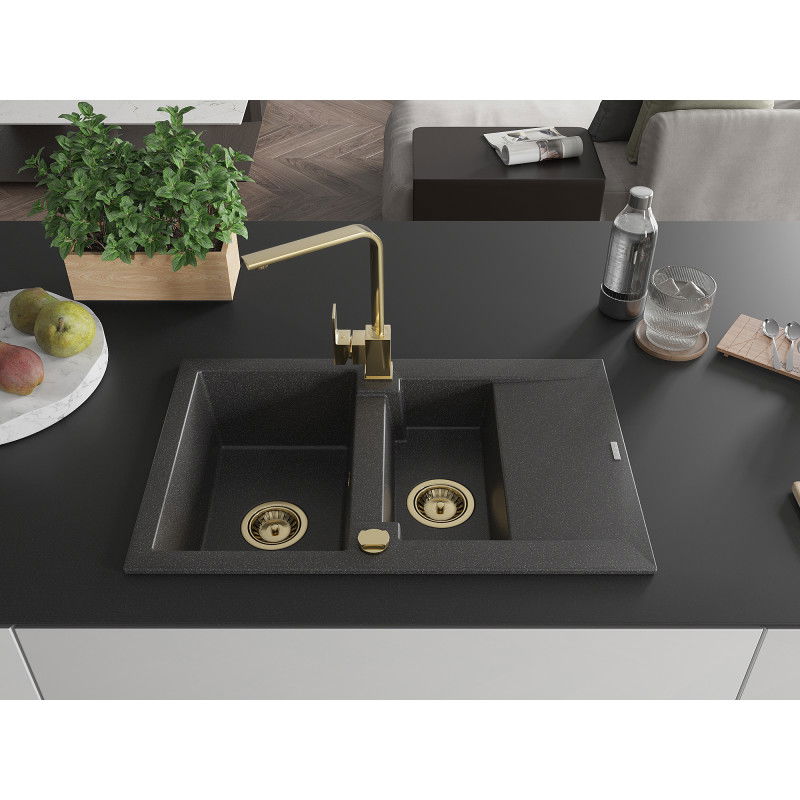 Mexen Gaspar 1.5-bowl granite sink with drainer and Rita kitchen tap, black speckled - 6507-76-670300-50