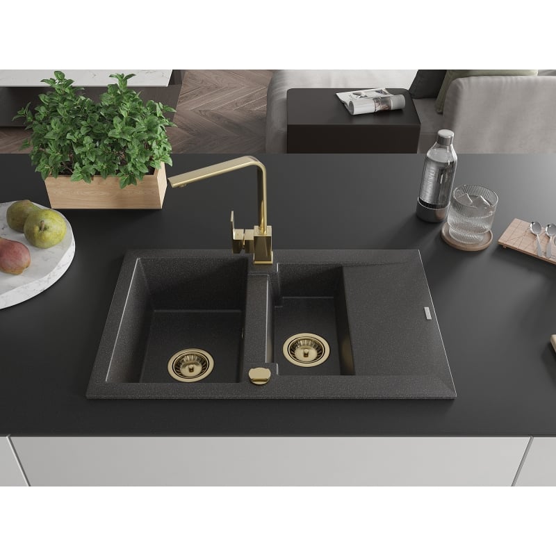 Mexen Gaspar granite sink 1.5-bowl with drainer and kitchen faucet Rita, black speckled - 6507-76-670300-50